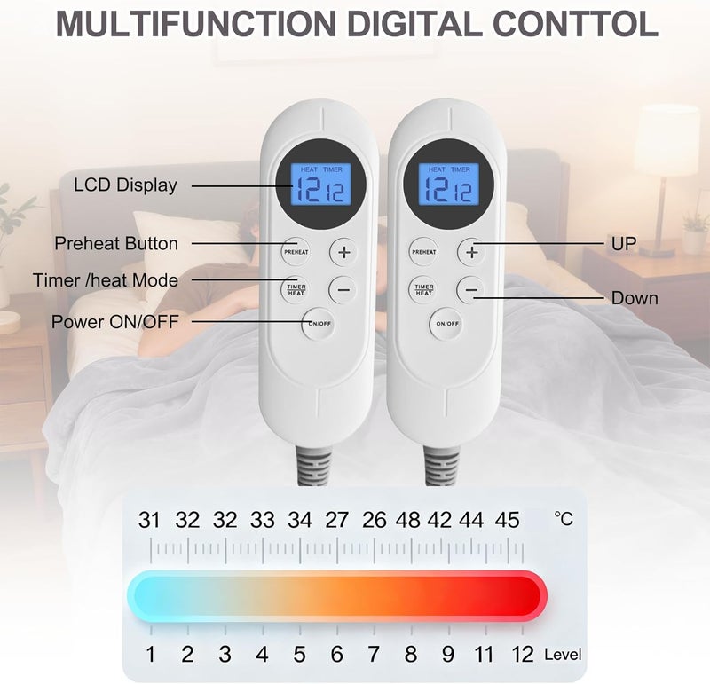 Eastsora Heated Blanket Electric Blanket Queen 84"x90" Dual Control Flannel Heating Blanket with 12 Heat Levels 12H Timer Auto Shut-Off Overheat Protection Soft & Cozy Machine Washable (Queen (84"x90")) - Image 2